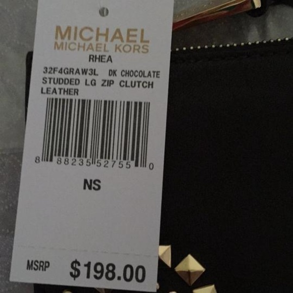NWT Michael Kors Large Rhea Studded Lg Zip Clutch Dark Chocolate Almost Black - Picture 5 of 7